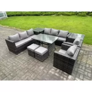 Image of Fimous 8 Seater Outdoor Dark Grey Rattan Lounge Complete Sofa Set with Dining Table, 2 Side Tables, and 2 Stools