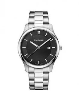Image of Wenger Swiss Made Black 43Mm Date Dial Stainless Steel Bracelet Mens Watch