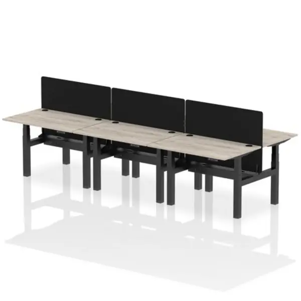 Image of Air Air Back-to-Back 1200 x 800mm Height Adjustable 6 Person Bench Desk Grey Oak Top with Cable Ports Black Frame with Black Straight Screen HASCP6P1