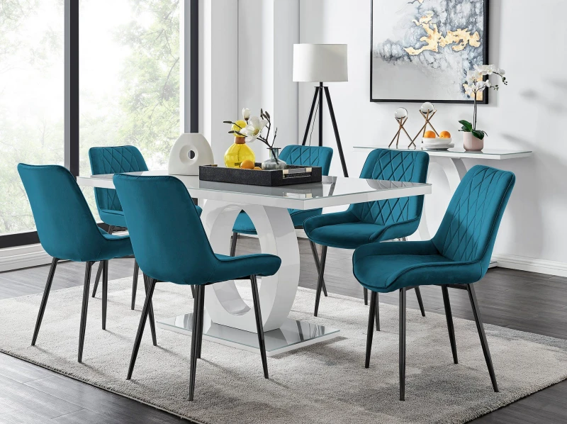 Image of FurnitureboxUK FurnitureboxUK Giovani 6-Seater Grey Glass Dining Table and 6 Pesaro Soft Velvet Dining Chairs in Blue Blue One Size Unisex 50565426507