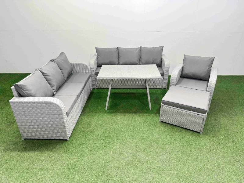 Image of Fimous 5 Pieces Outdoor PE Rattan Garden Furniture with Big Stool Light Grey Light Grey Unisex