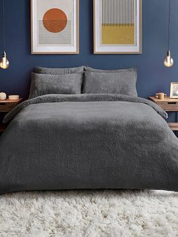 Image of Silentnight Teddy Fleece Duvet Cover Set - Charcoal Charcoal VHDY8 Unisex Single