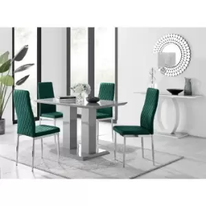 Image of Furniturebox UK - Furniturebox Imperia 4 High Gloss Grey Modern Dining Table and 4 Green Milan Faux Leather Dining Chairs With Silver Legs Diamond