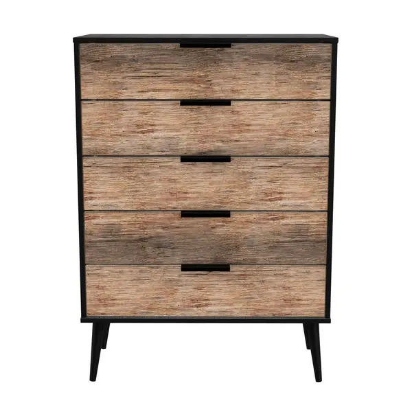 Image of Welcome Furniture Ready Assembled Hirato 5 Drawer Chest Vintage Oak Black Wood Legs HKB012VOB