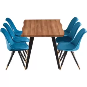 Image of 7 Pieces Life Interiors Sofia Rocco Dining Set - a Walnut Rectangular Dining Table and Set of 6 Blue Dining Chairs - Blue