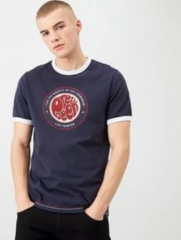 Image of Pretty Green Like Minded Logo Ringer T-Shirt - Navy