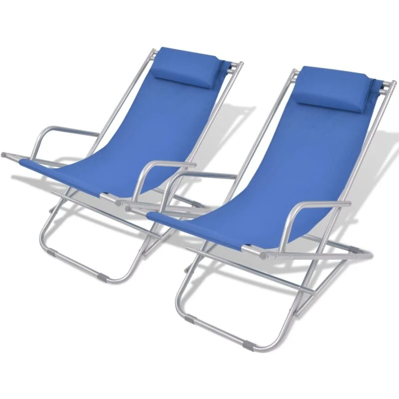 Image of vidaXL 2x Reclining Deck Chairs Blue Steel Outdoor Sunloungers Swing Chairs