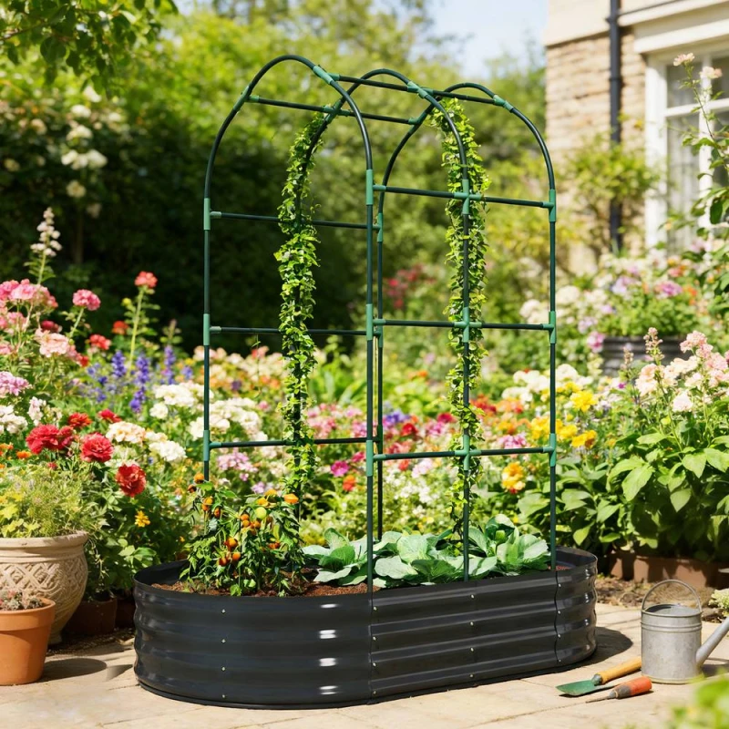 Image of Outsunny 5 x 3 x 6ft Galvanised Raised Garden Bed with Trellis, Dark Grey 84H-566V01CG