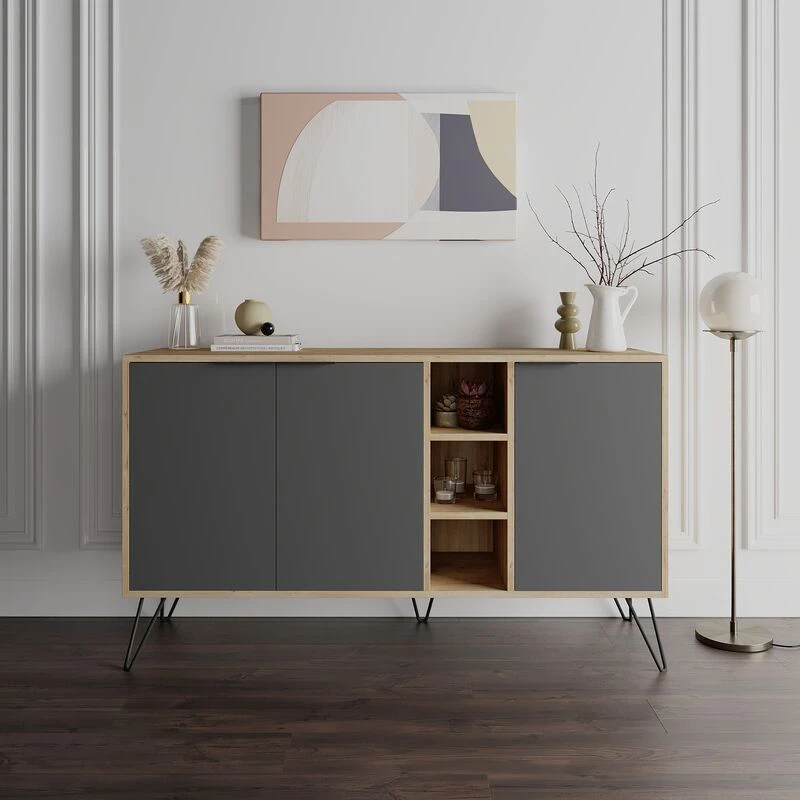 Image of DECORTIE Decortie Clara Console Sideboard Display Unit - Oak / Anthracite Grey M.K.20985.2