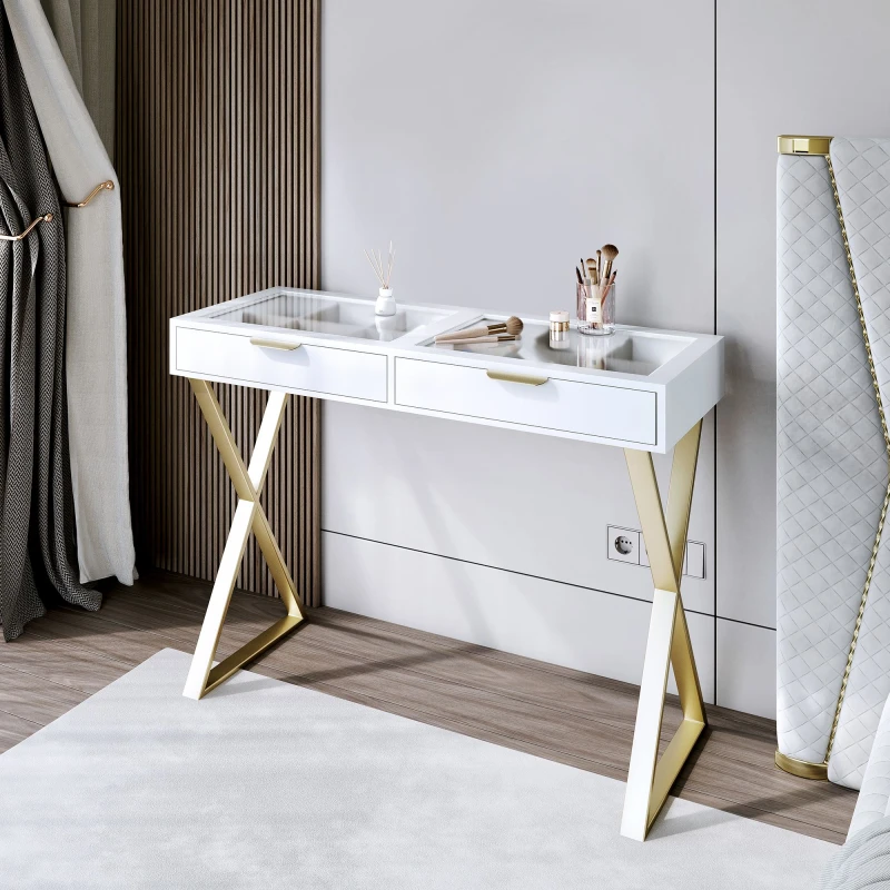 Image of CARME HOME Jess Glasstop White Dressing Table with 2 Drawers & Gold X-shaped Leg White Unisex
