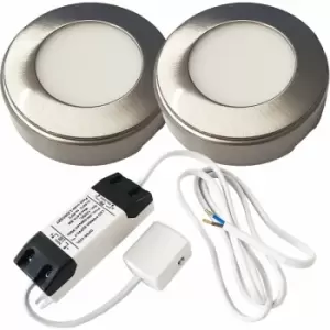 Image of 2x BRUSHED NICKEL Round Surface or Flush Under Cabinet Kitchen Light & Driver Kit - Natural White LED