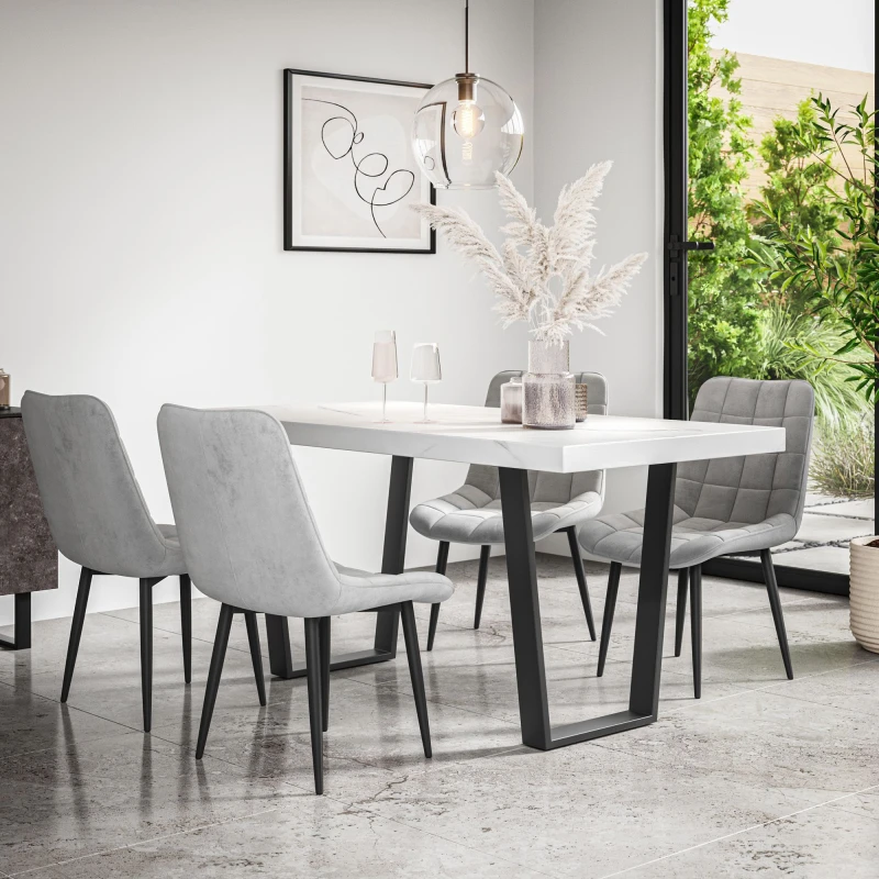 Image of More4Homes Aria Dining Table And Chairs - White Marble Effect Table Top W Black Legs + Nova Velvet Dining Chair Set Of 4 (Grey)