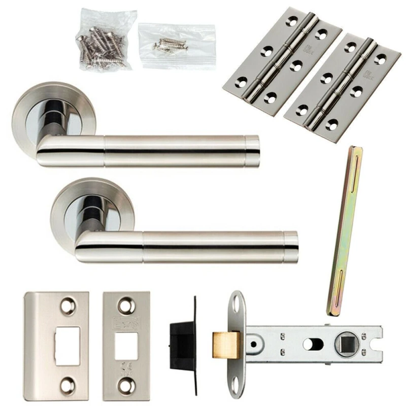 Image of Loops Door Handle & Latch Pack Polished & Satin Steel Mitred Lever Screwless Rose Metallics