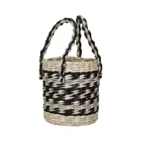 Image of Seagrass Plant Basket with Handles, Black & Grey Striped Design