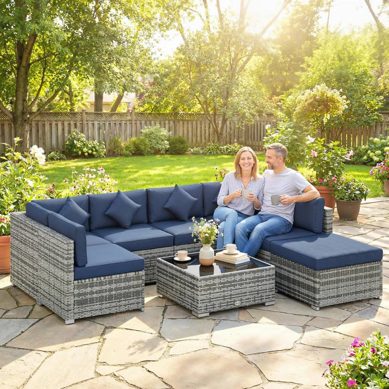 Image of OUTSUNNY 8 Pieces Patio Rattan Sofa Set, Garden Furniture Set Dark Blue Blue Unisex