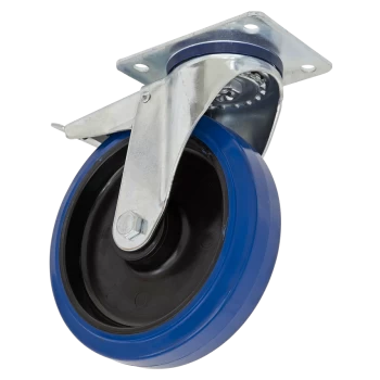 Image of Heavy-Duty Blue Elastic Rubber Swivel Castor Wheel with Total Lock 125mm - Trade