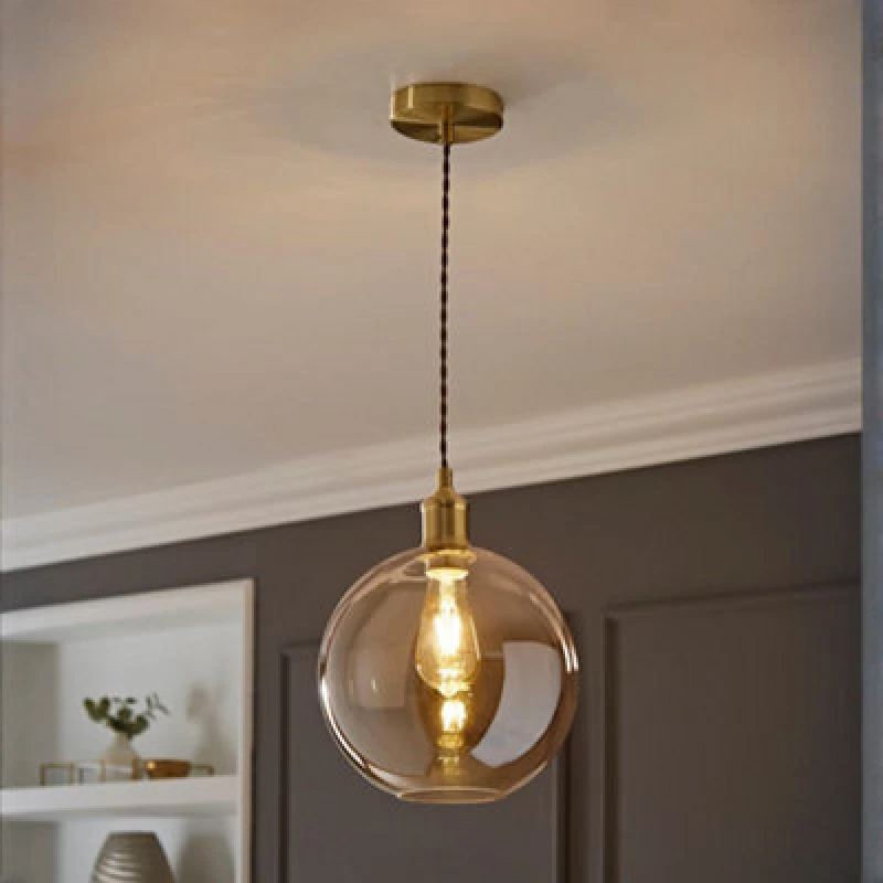 Image of ValueLights ValueLights Bellamy Amber Glass Globe Brushed Gold Single Ceiling Pendant Light Amber One Size Unisex 5059406062438