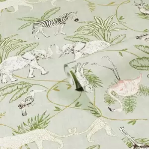 Image of Furn. Serengeti Sage Green Animal Printed Wallpaper