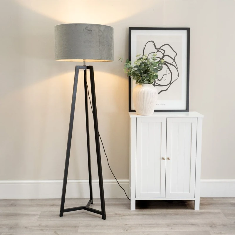 Image of ValueLights Lottie Black Wood Tripod Floor Lamp with Velvet Drum Shade Grey