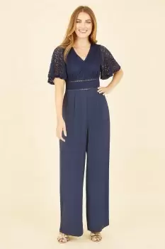 Image of Navy Lace Bodice Jumpsuit With Kimono Sleeve