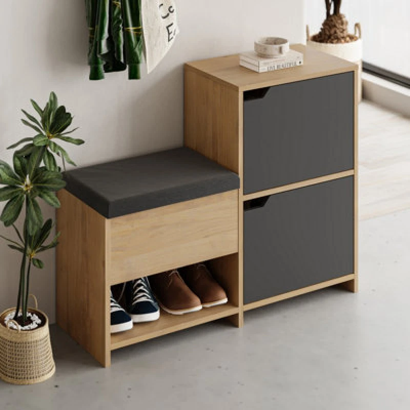 Image of Decortie Modern Haven Shoe Bench Oak, Anthracite 101.5(W) Organiser Hallway 2 Cupboard Storage Cabinet 1 Open Shelf Fabric Seat