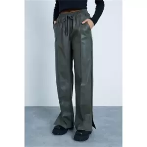 Image of I Saw It First Khaki Faux Leather Pin Tuck Wide Leg Trousers - Green