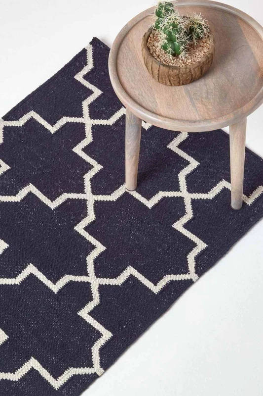 Image of Homescapes Edmonton Cotton Geometric Pattern Kilim Hall Runner, 66 x 200cm Navy