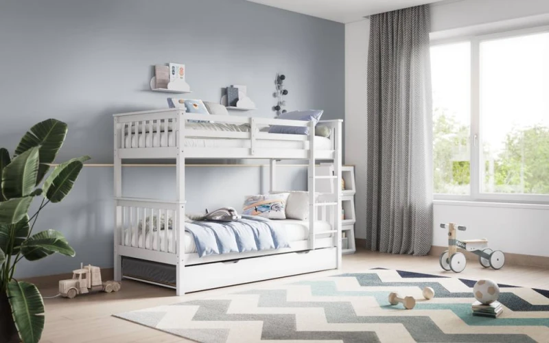Image of Flair Zoom Wooden Detachable Bunk Bed with Trundle in White Size: Single White Unisex Single