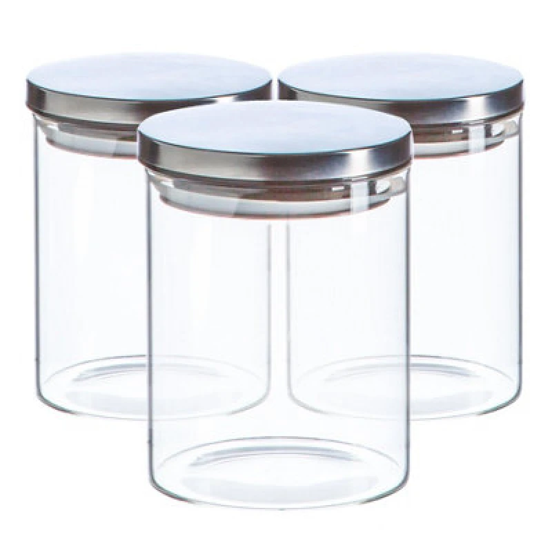 Image of Argon Tableware Glass Storage Jars - Silver Lid - 750Ml - Modern Round Scandi Organisation Container Glass Jar - Set Of 3