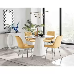 Image of Furniture Box Palma White Marble Effect Round Dining Table and 4 Mustard Pesaro Silver Leg Chairs