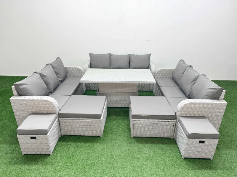 Image of Fimous 8 Pieces Garden Rising Dining Table High Back Inclining Sofa Set in Light Grey Light Grey Unisex