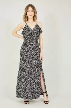 Image of Black Ditsy Floral Frill Maxi Dress
