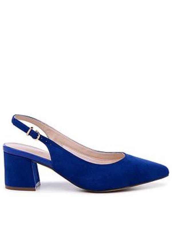 Image of Paradox London Womens Wide Fit 'Flynn' Mid Block Heel Sling Back Court Shoes in Blue Size: 3E Blue Female 3E