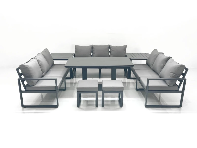 Image of Fimous 11 Seater Garden Sofa Set Aluminium Furniture Rising Dining Tabe Set with 2 Side Tables 2 Small Footstools Dark Grey Dark Grey Unisex