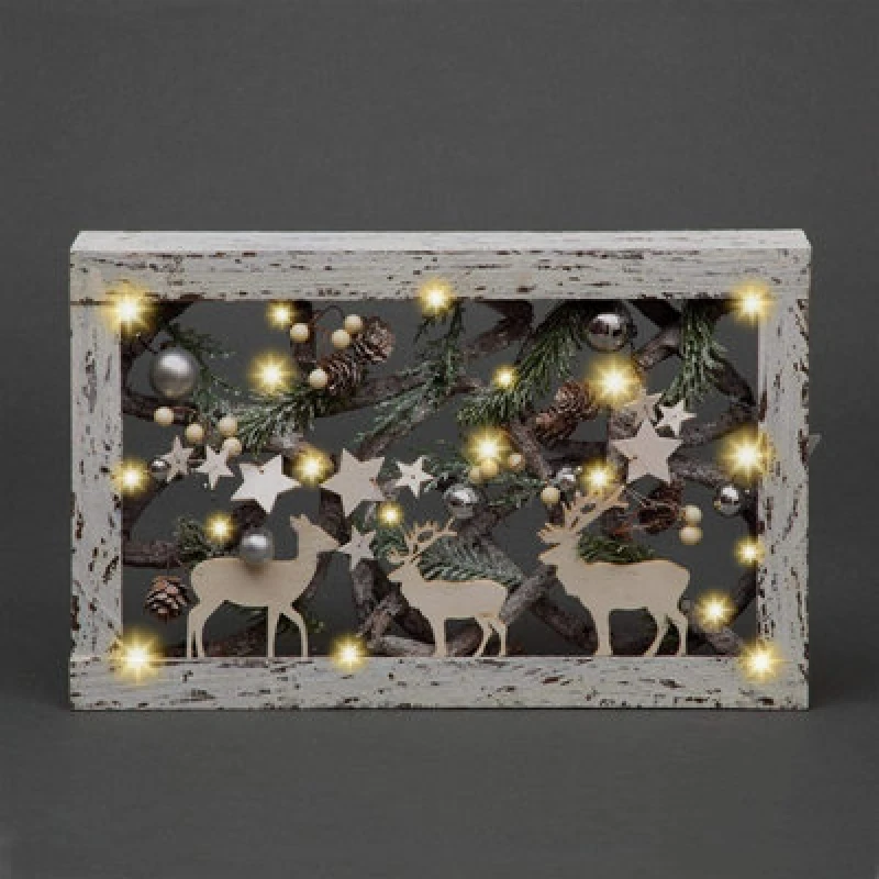 Image of Shatchi Christmas Pre-Lit Warm White LED Frame Tabletop Decoration with Pinecones and Baubles White
