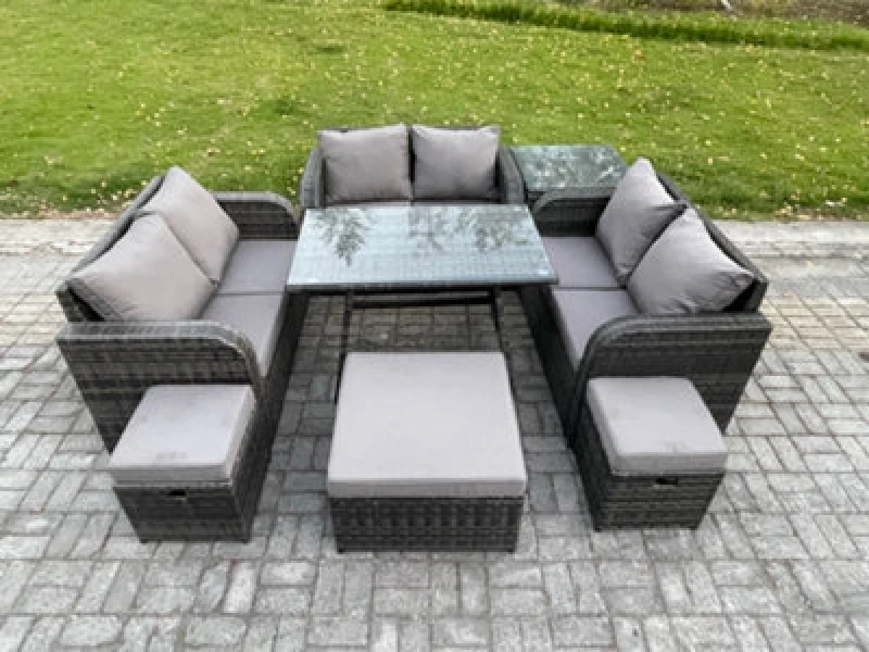 Image of Fimous Outdoor Rattan Garden Furniture Set 9 Seater Patio Love Sofa Set with Rectangular Dining Table 3 Footstools Side Table Dark Grey