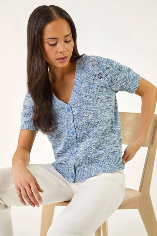 Image of Roman Womens Petite Space Dye Knit Cardigan in Blue Size: 10 Blue Female 10