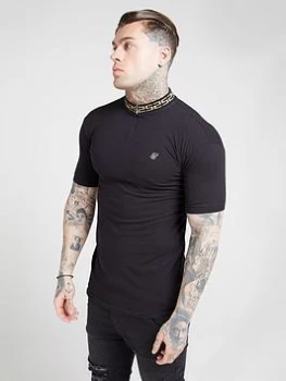 Image of SikSilk Short Sleeve Chain Ribbed Collar Polo Shirt - Black, Size L, Men