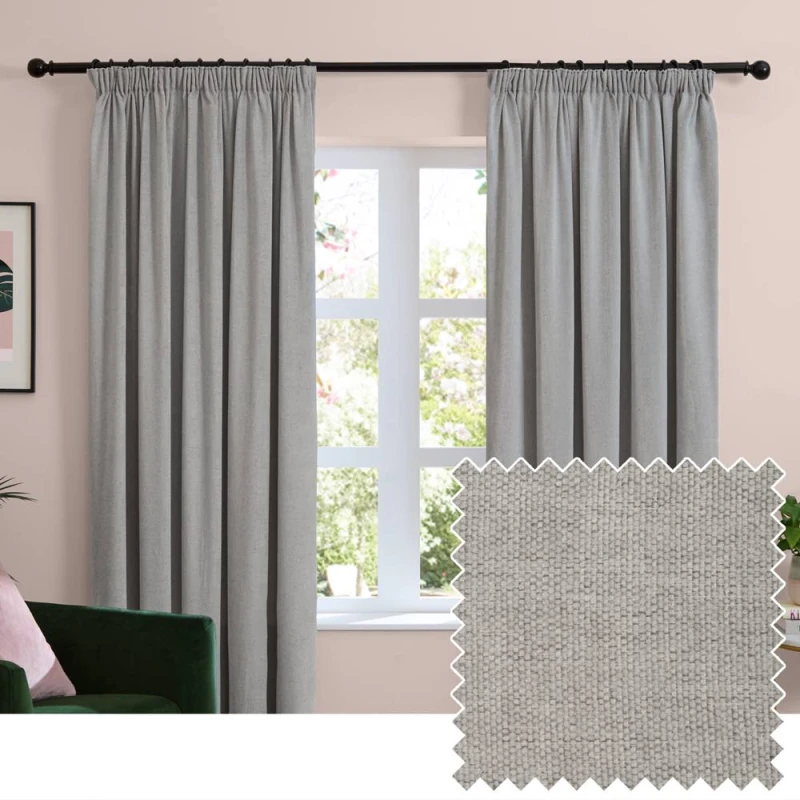 Image of Furn Soft Chenille Blackout Pencil Pleat Curtain Pair in Silver Size: 117cm width x 183cm drop Silver Unisex 117cm width x 183cm drop