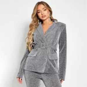 Image of I Saw It First Belted Glitter Blazer With Shoulder Pads - Grey