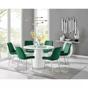 Image of Furniture Box Palma White High Gloss Round Dining Table and 6 Green Pesaro Silver Chairs