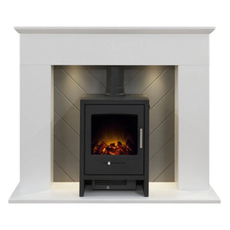 Image of Adam Corinth Stove Fireplace In Pure White & Grey With Downlights & Bergen Electric Stove In Charcoal Grey, 48 Inch