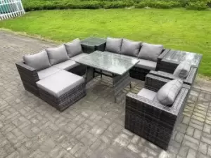 Image of Fimous 8 Seater Outdoor Dark Grey Wicker PE Rattan Garden Furniture with Lounge Sofa, Side Tables, and Big Footstool