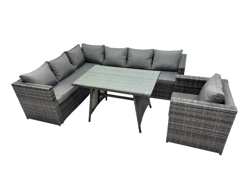 Image of Fimous 7-seater Outdoor PE Rattan Sofa Set with Dining Table Chair in Dark Grey Dark Grey Unisex