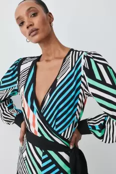Image of Spliced Stripe Printed Wrap Woven Midi Dress