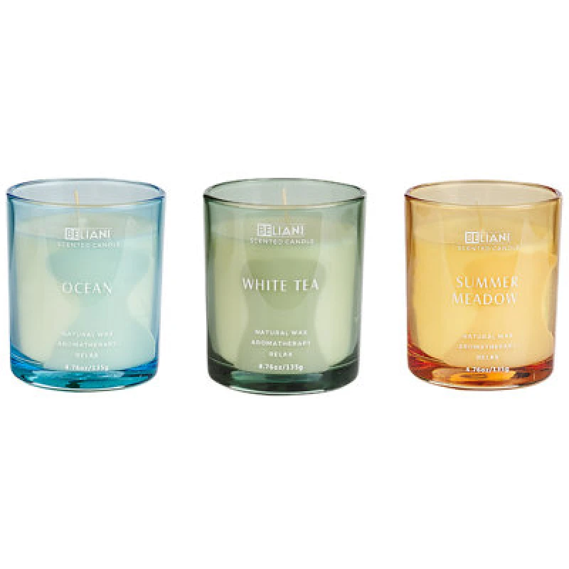Image of BELIANI Beliani - Set of 3 Scented Candles 100% Soy Wax Cotton Wick Glass Fresh Fragrance Ocean/White Tea/Summer Meadow Sheer Joy 409201