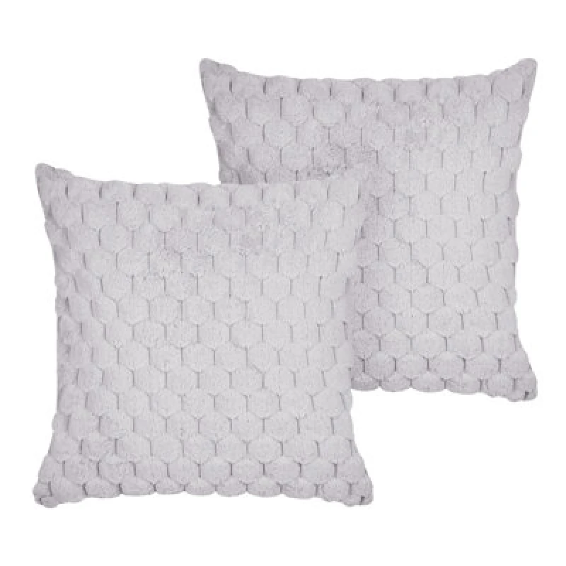Image of Beliani Set Of 2 Decorative Cushions Purslane Faux Fur 43 X 43cm Light Grey Geometric Pattern