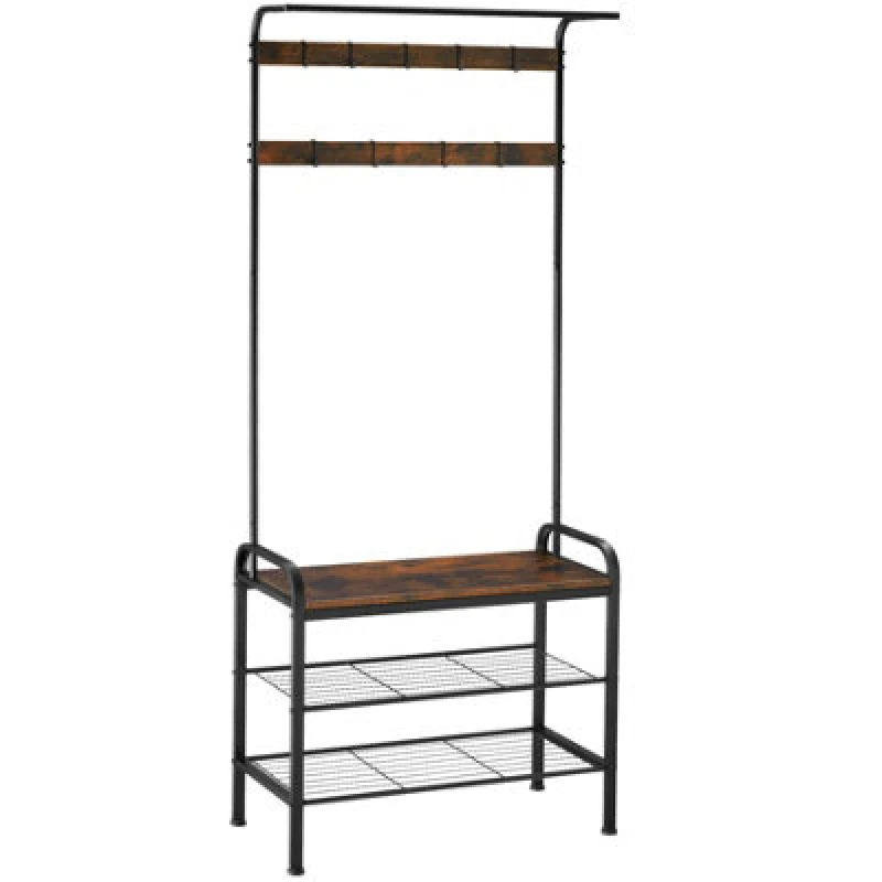 Image of Tectake Coat Stand - Shoe Rack, Seat, 2 Shelves And 9 Coat Hooks 73.5X36X184Cm - Industrial Wood Dark, Rustic