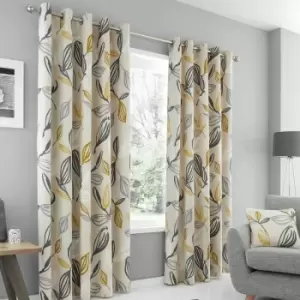 Image of Fusion Ensley Botanical Print 100% Cotton Eyelet Lined Curtains, Ochre, 90 x 90 Inch