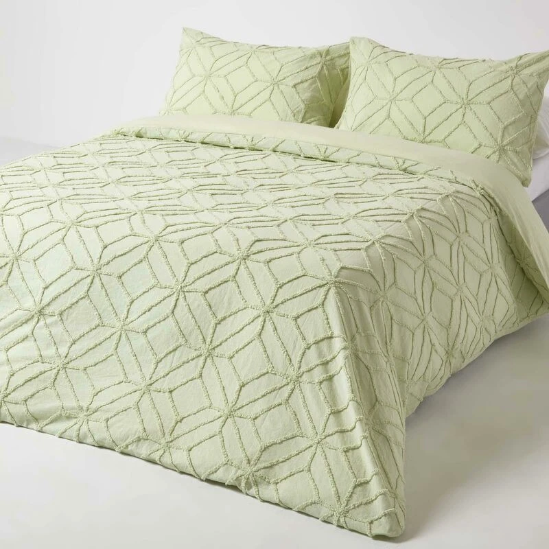 Image of HOMESCAPES Sage Green Diamond Cotton Tufted Duvet Cover Set, Double - Homescapes BL1745B